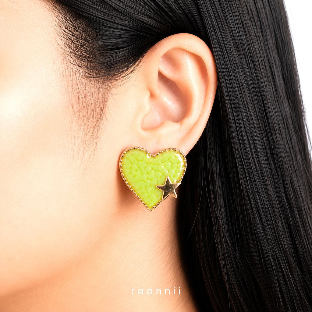 Raannii Earrings - Lime Green Heart Stud Earrings for Women Gold Tone Cute Heart Shape