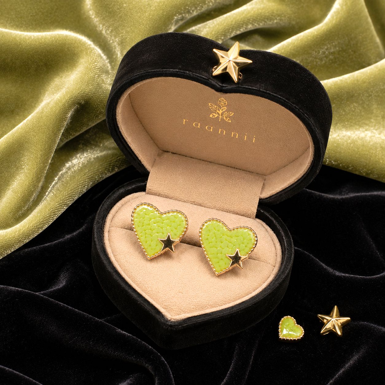 Raannii Earrings - Lime Green Heart Stud Earrings for Women Gold Tone Cute Heart Shape