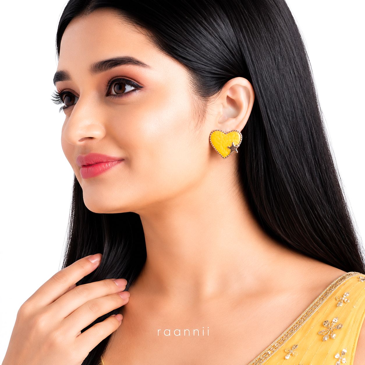 Raannii Earrings - Yellow Heart Stud Earrings for Women Gold Tone Cute Heart Shape