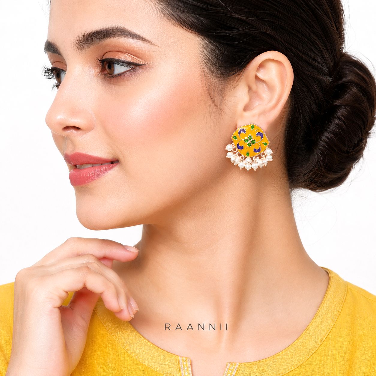 Raannii Earrings - Yellow Multicolor Floral Pearl Drop Meenakari Earrings for Women