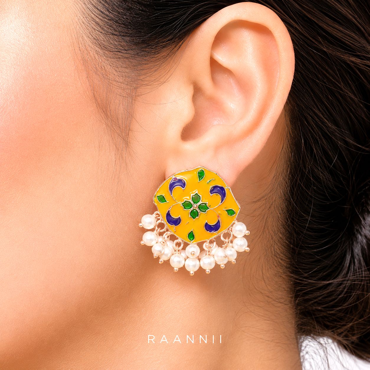 Raannii Earrings - Yellow Multicolor Floral Pearl Drop Meenakari Earrings for Women