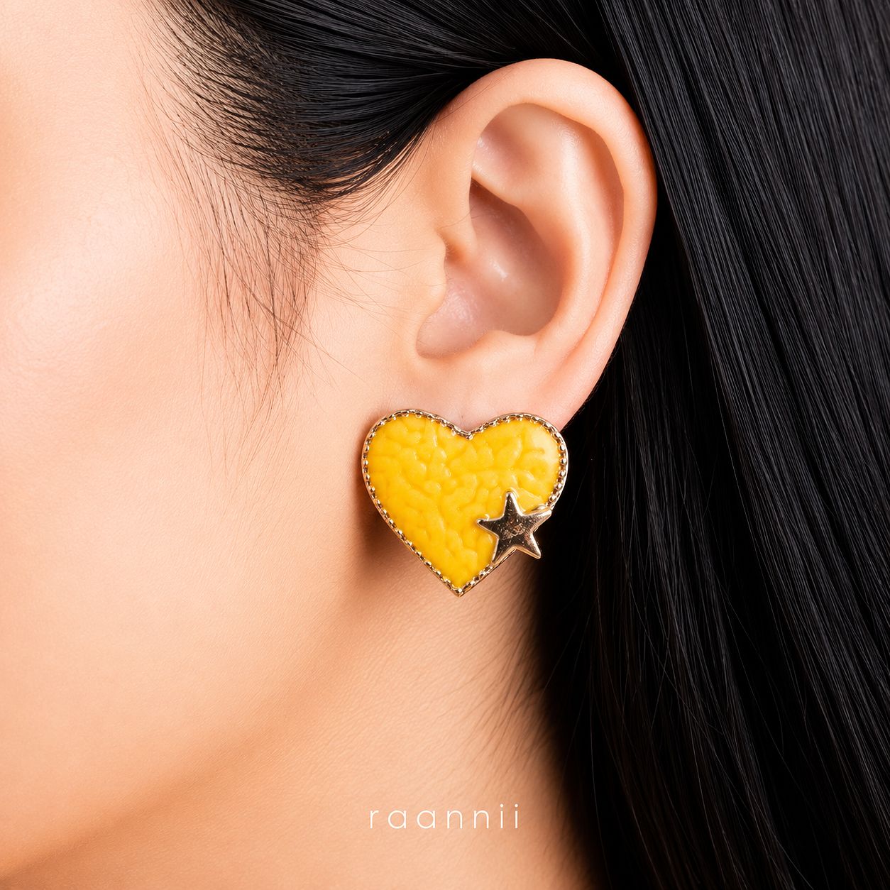 Raannii Earrings - Yellow Heart Stud Earrings for Women Gold Tone Cute Heart Shape