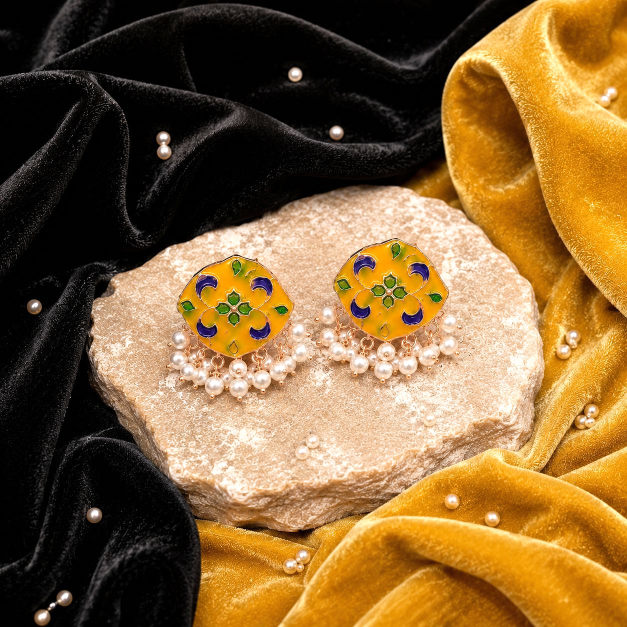 Raannii Earrings - Yellow Multicolor Floral Pearl Drop Meenakari Earrings for Women