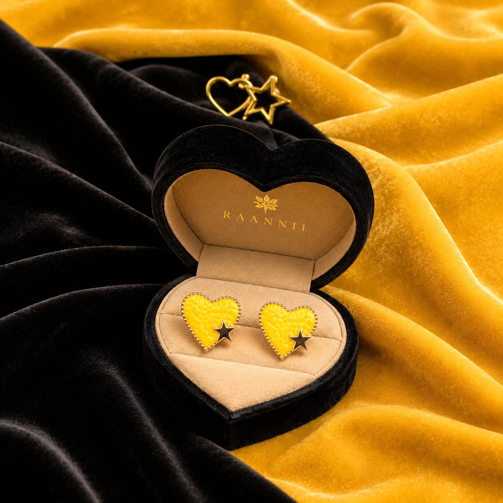Raannii Earrings - Yellow Heart Stud Earrings for Women Gold Tone Cute Heart Shape