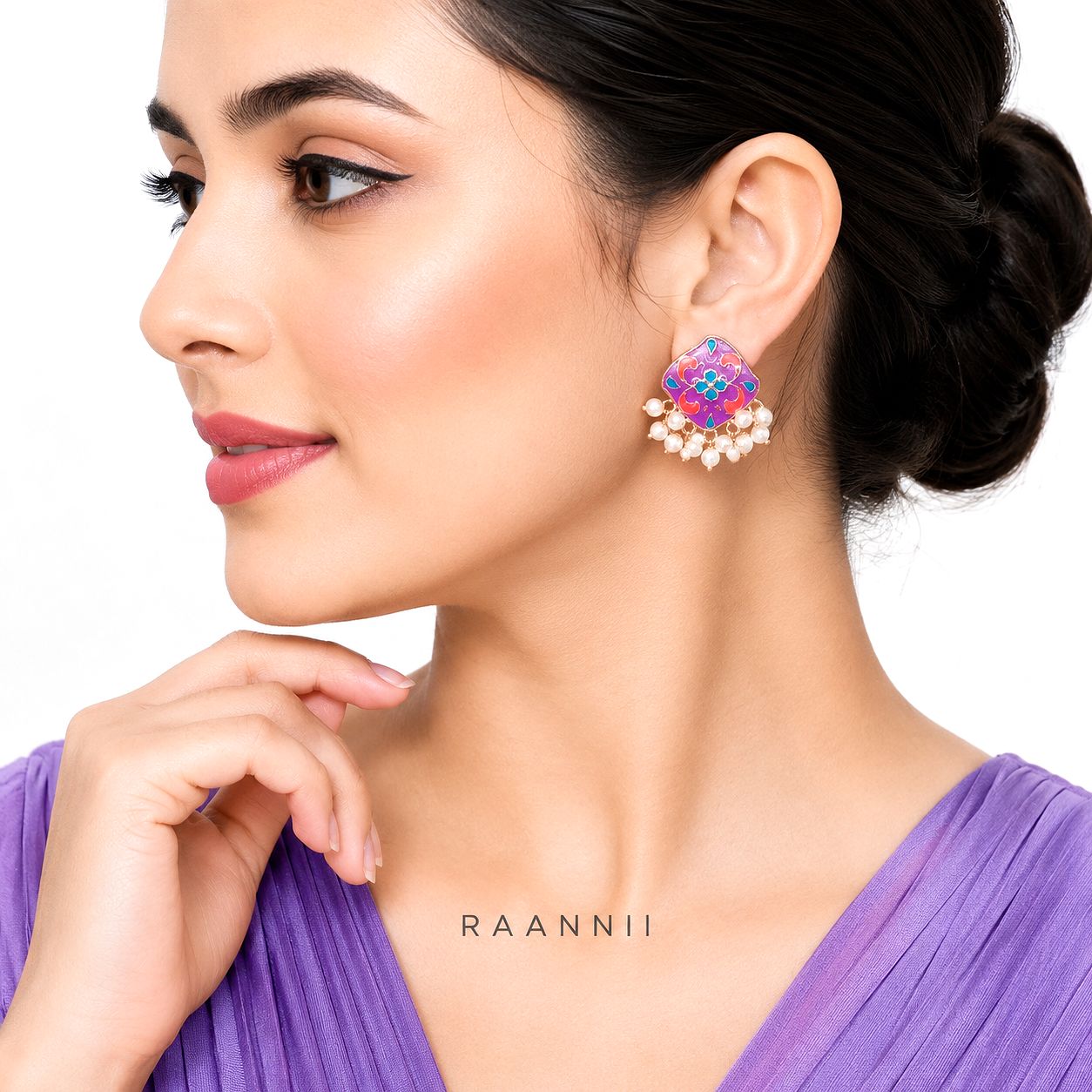 Raannii Earrings - Purple Multicolor Floral Pearl Drop Meenakari Earrings for Women