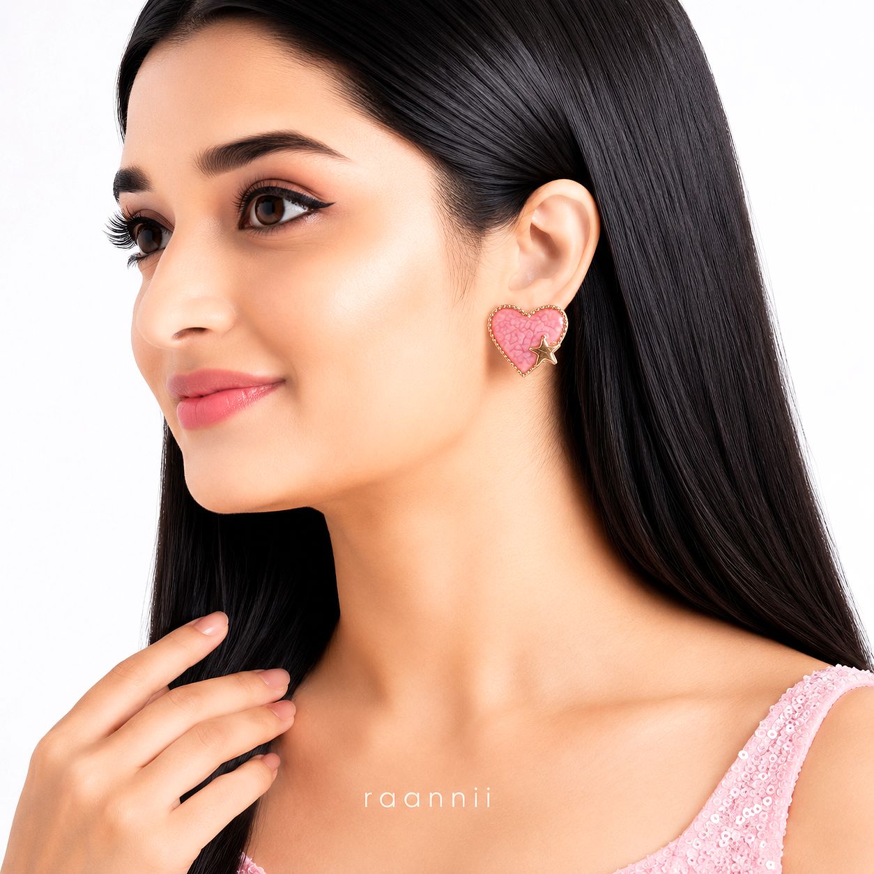 Raannii Earrings - Pink Heart Stud Earrings for Women Gold Tone Cute Heart Shape