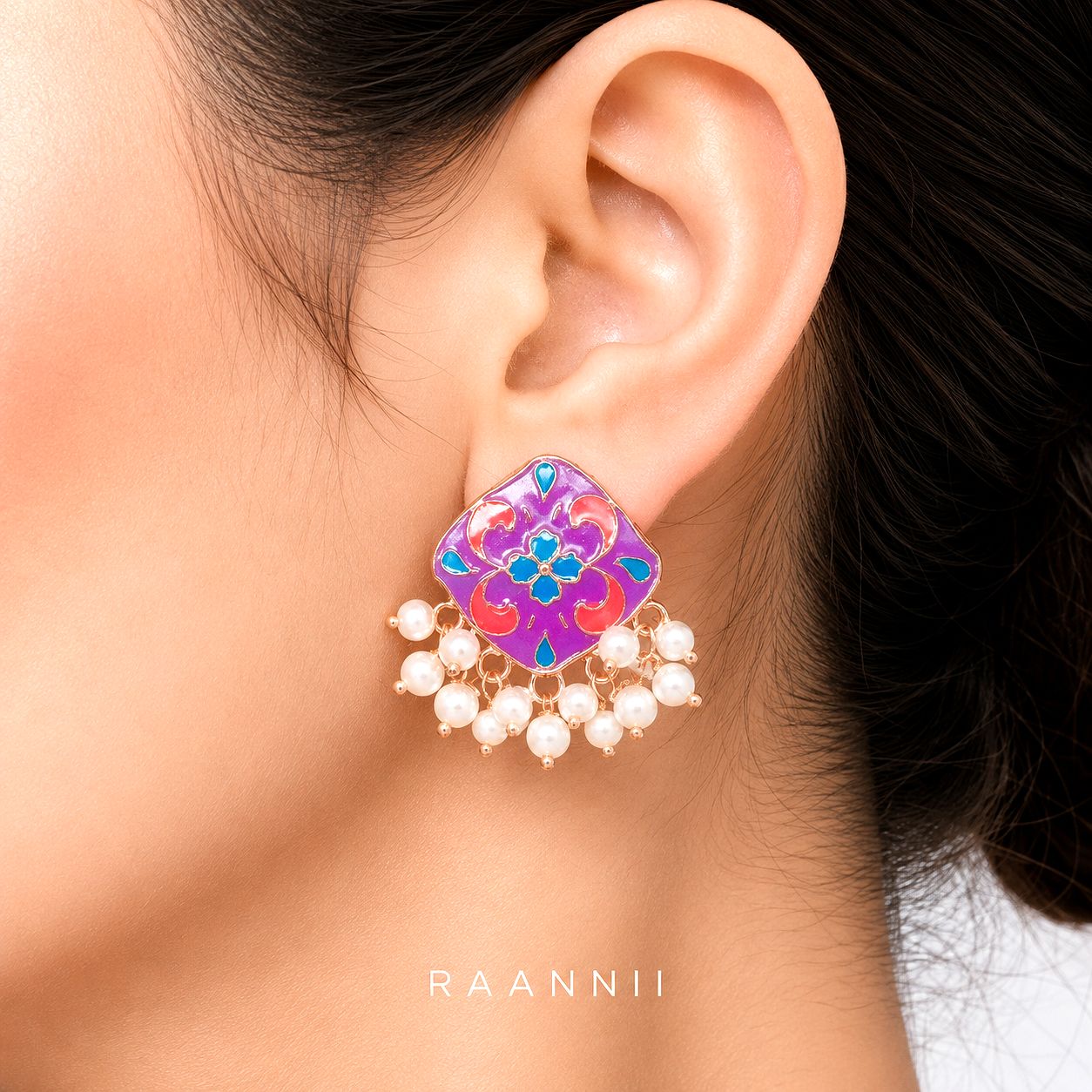 Raannii Earrings - Purple Multicolor Floral Pearl Drop Meenakari Earrings for Women