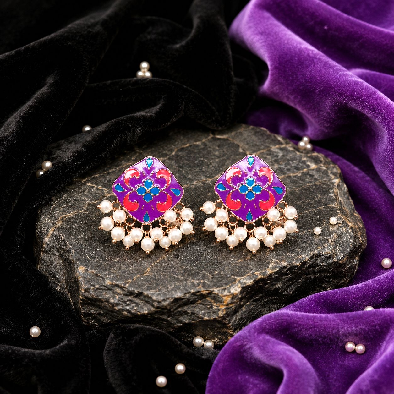 Raannii Earrings - Purple Multicolor Floral Pearl Drop Meenakari Earrings for Women