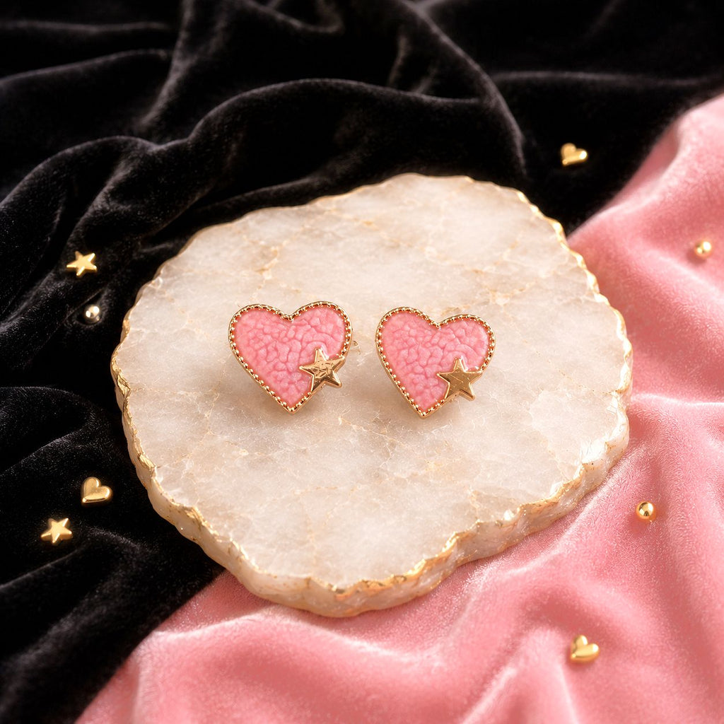Raannii Earrings - Pink Heart Stud Earrings for Women Gold Tone Cute Heart Shape