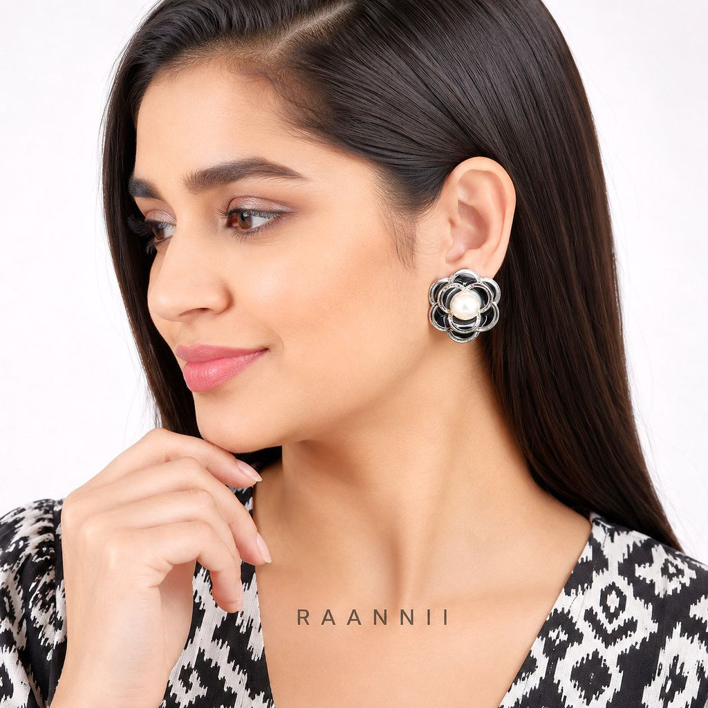 Raannii Earrings - Black Floral Pearl Stud Earrings for Women