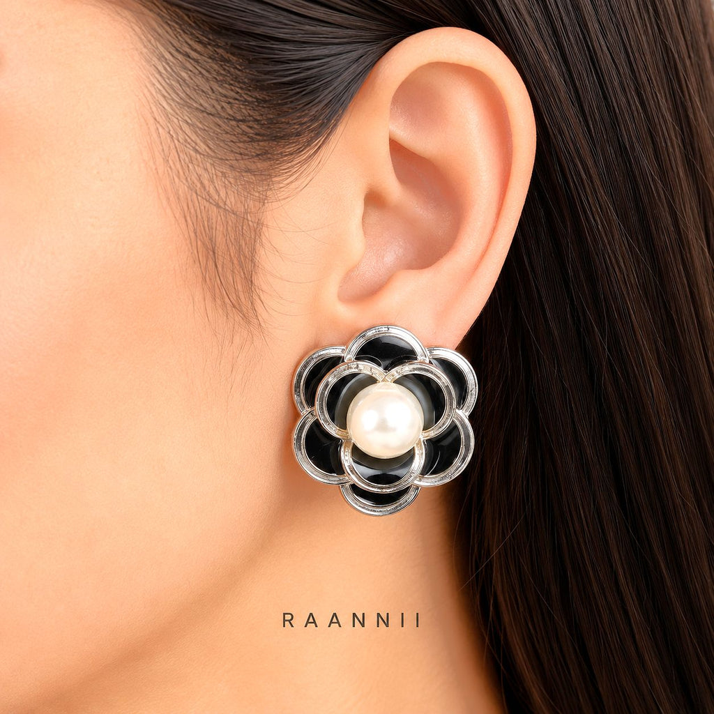 Raannii Earrings - Black Floral Pearl Stud Earrings for Women
