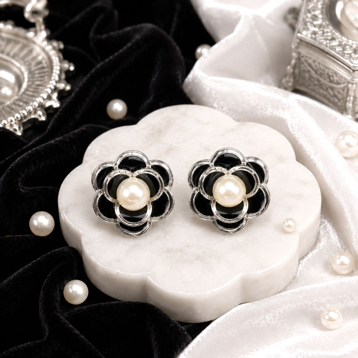 Raannii Earrings - Black Floral Pearl Stud Earrings for Women