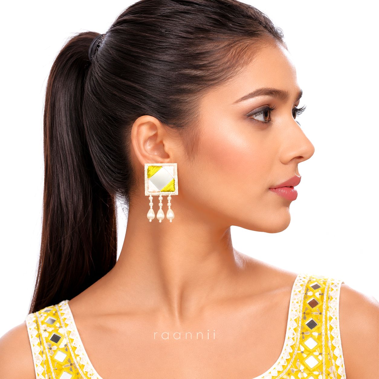 Raannii Earrings - Mirror Work Pearl Drop Handmade Square Pearl Hanging Earrings for Women