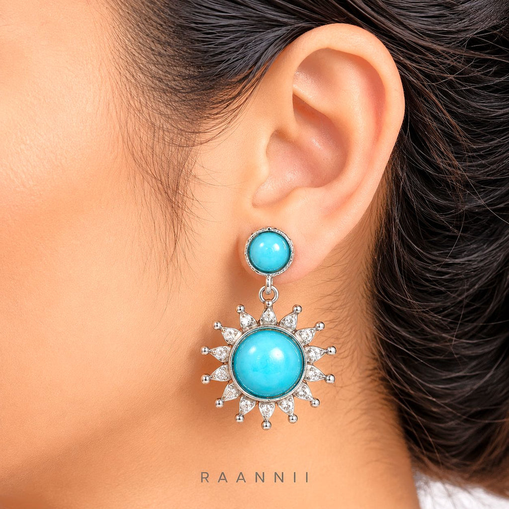 Raannii Earrings - Sky Blue Stone Sun Design Drop Earrings for Women
