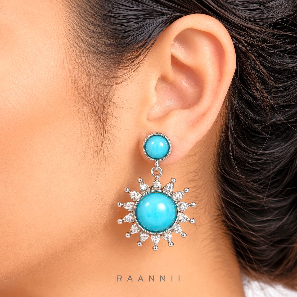 Raannii Earrings - Sky Blue Stone Sun Design Drop Earrings for Women