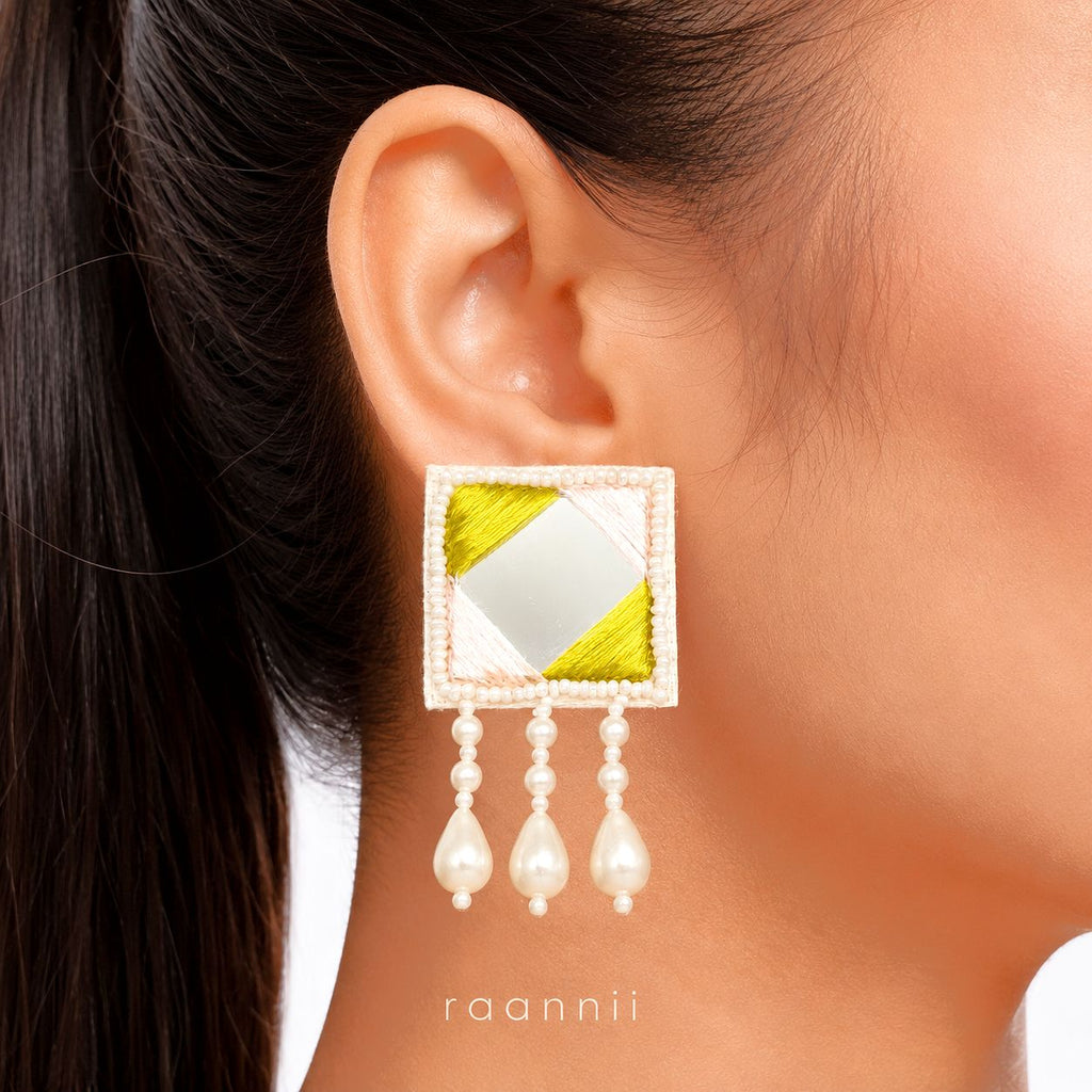 Raannii Earrings - Mirror Work Pearl Drop Handmade Square Pearl Hanging Earrings for Women