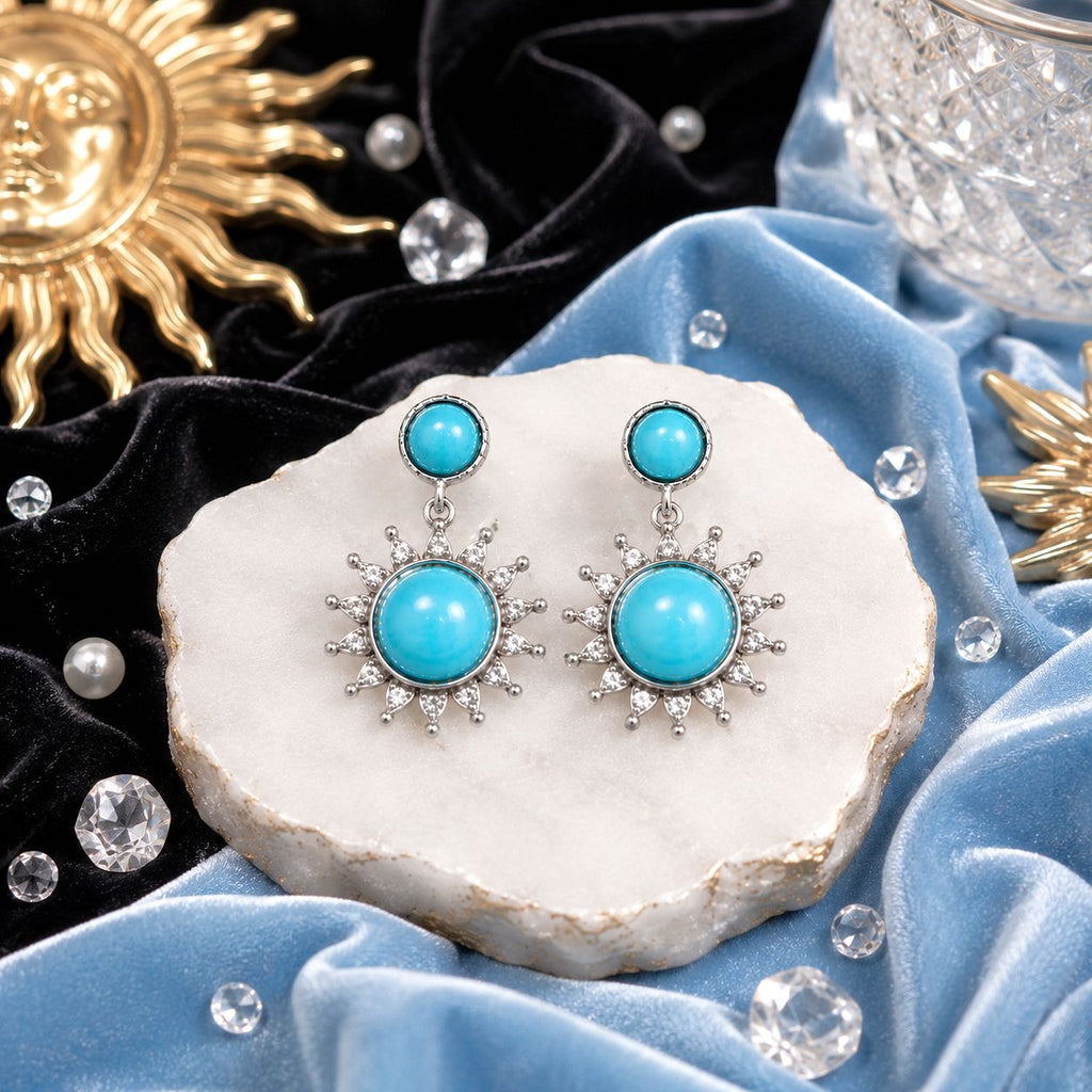 Raannii Earrings - Sky Blue Stone Sun Design Drop Earrings for Women