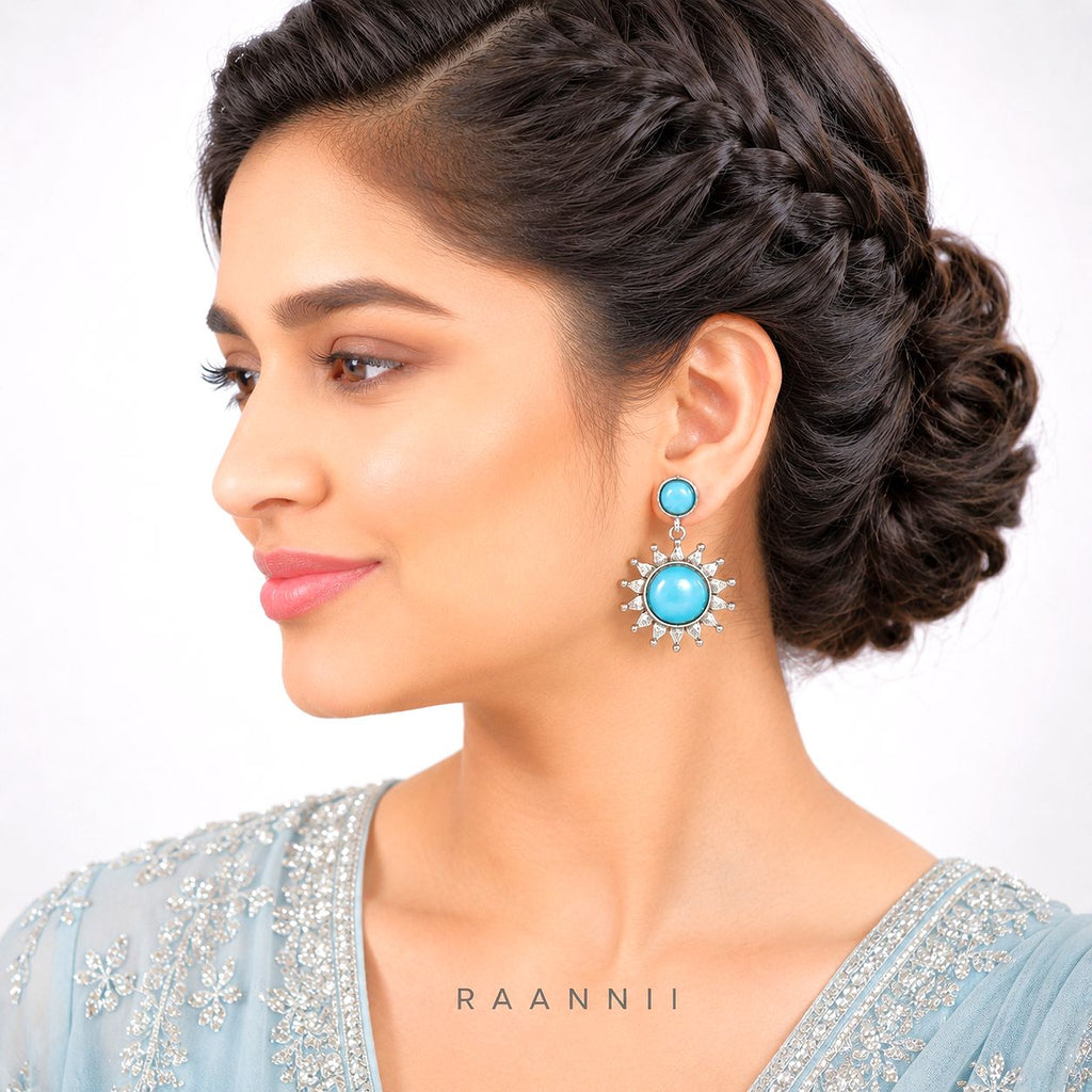 Raannii Earrings - Sky Blue Stone Sun Design Drop Earrings for Women