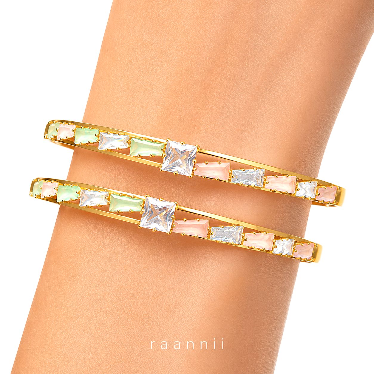 Raannii Pastel Crystal Studded Gold Bangles (Set of 2)