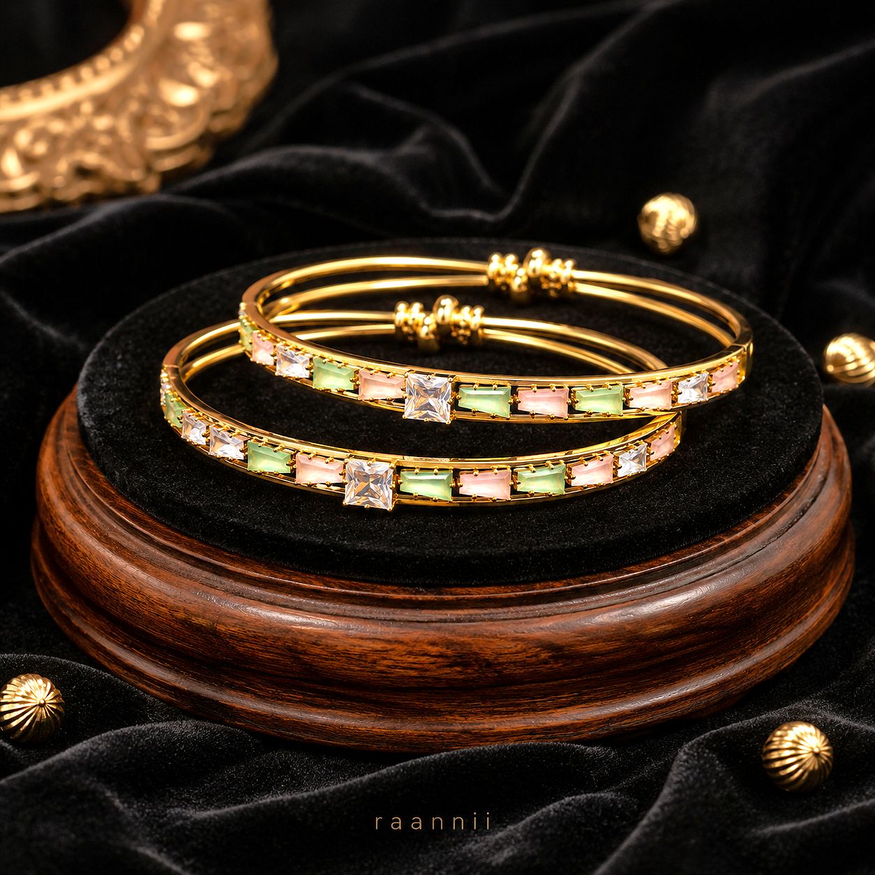 Raannii Pastel Crystal Studded Gold Bangles (Set of 2)