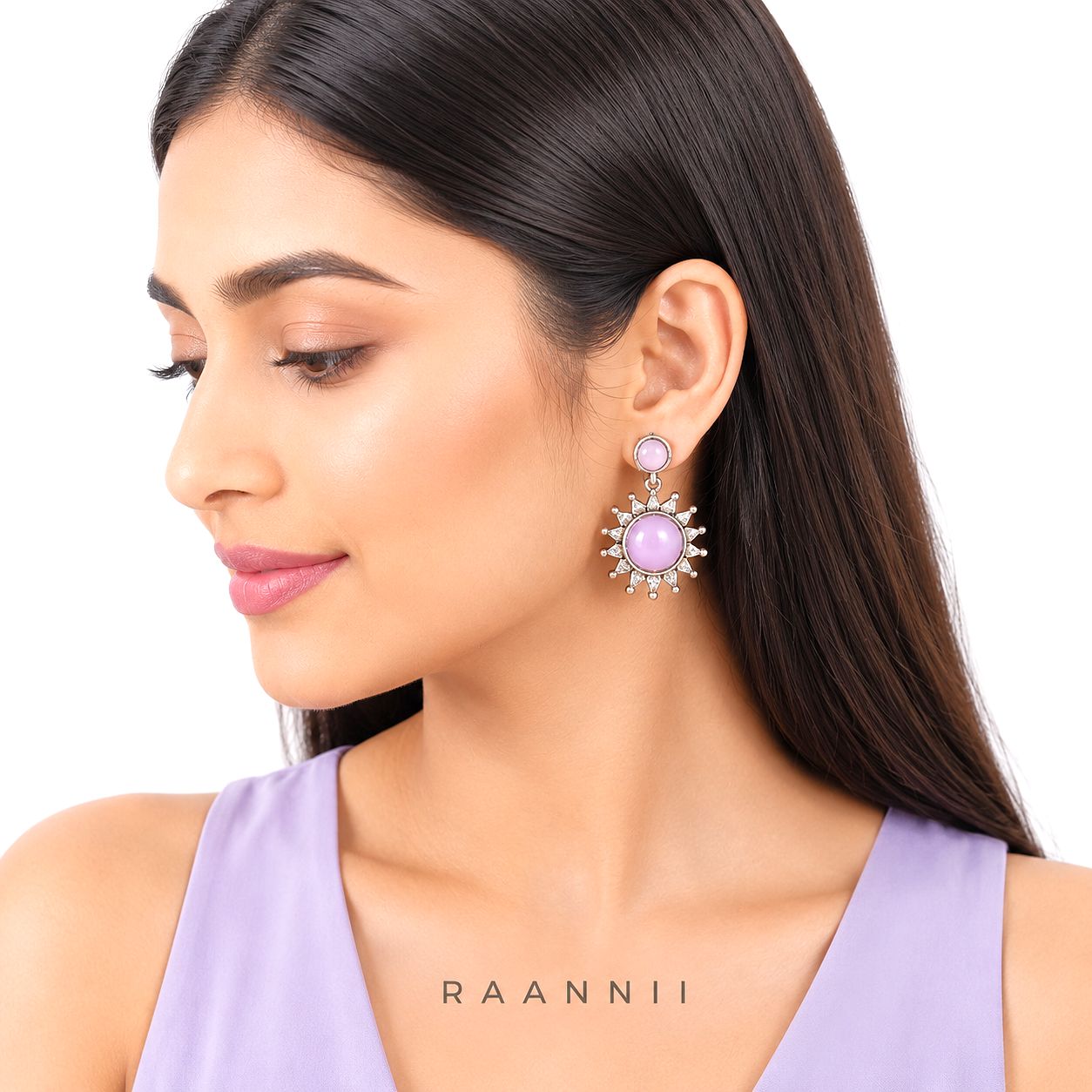 Raannii Earrings - Light Purple Stone Sun Design Drop Earrings for Women