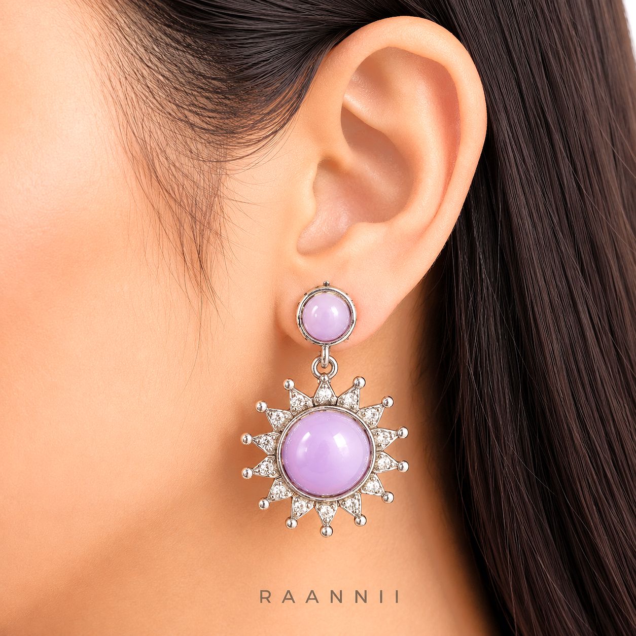 Raannii Earrings - Light Purple Stone Sun Design Drop Earrings for Women