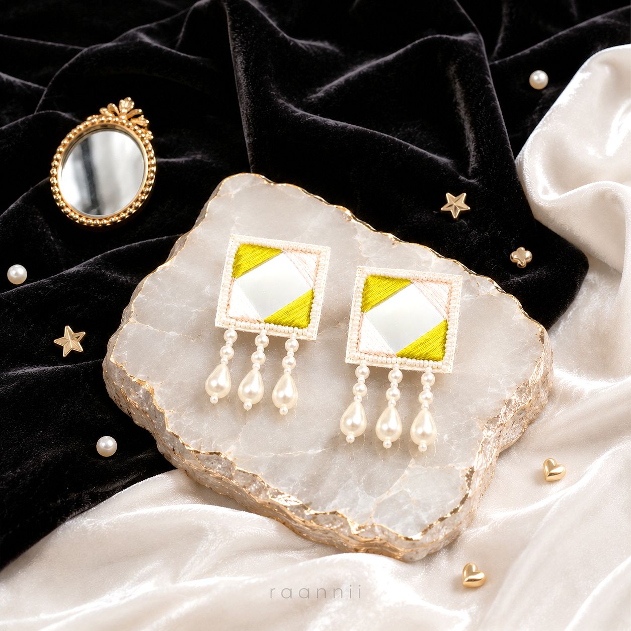 Raannii Earrings - Mirror Work Pearl Drop Handmade Square Pearl Hanging Earrings for Women