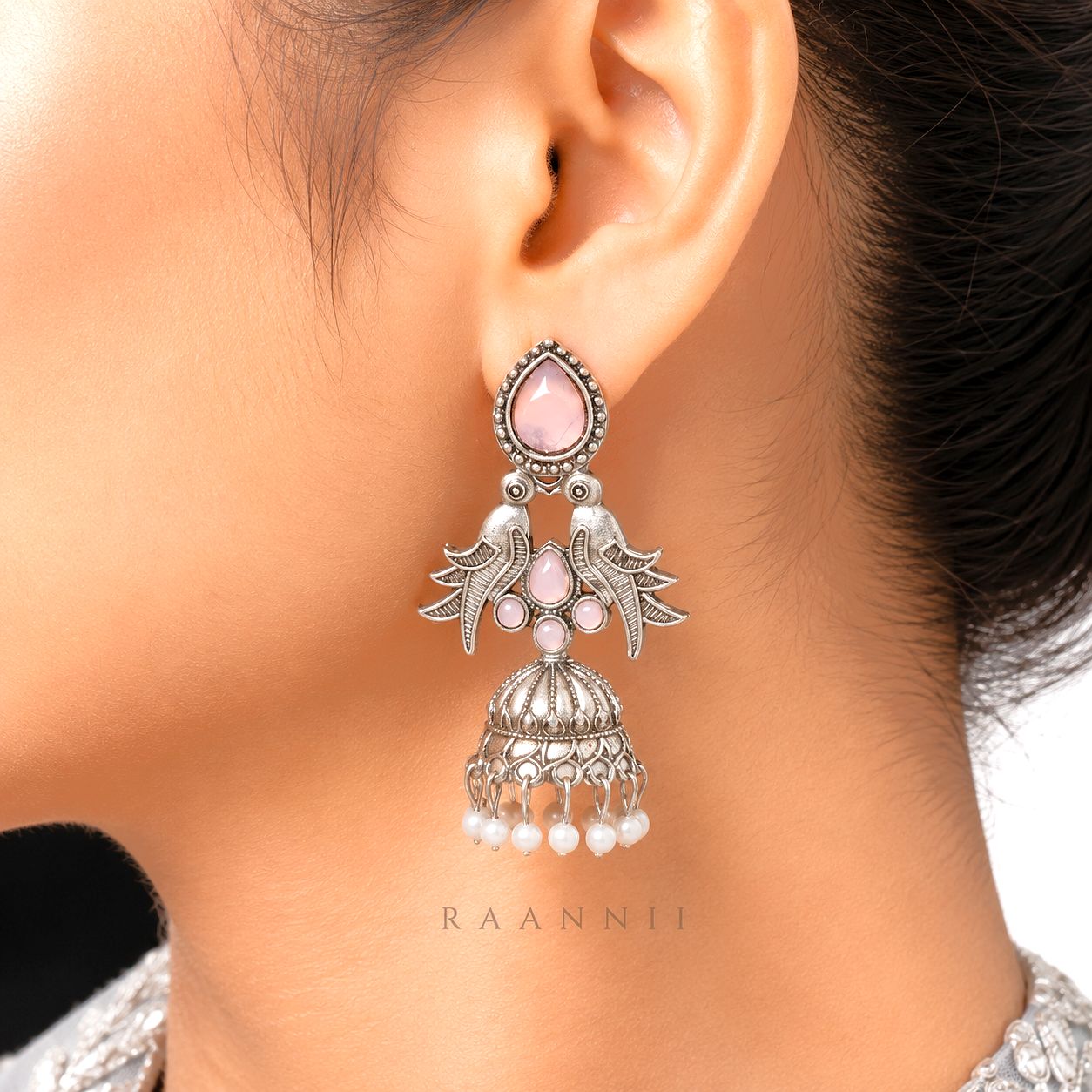 Raannii Earrings - Pink Stone Oxidised Bird Jhumka Earrings for Women