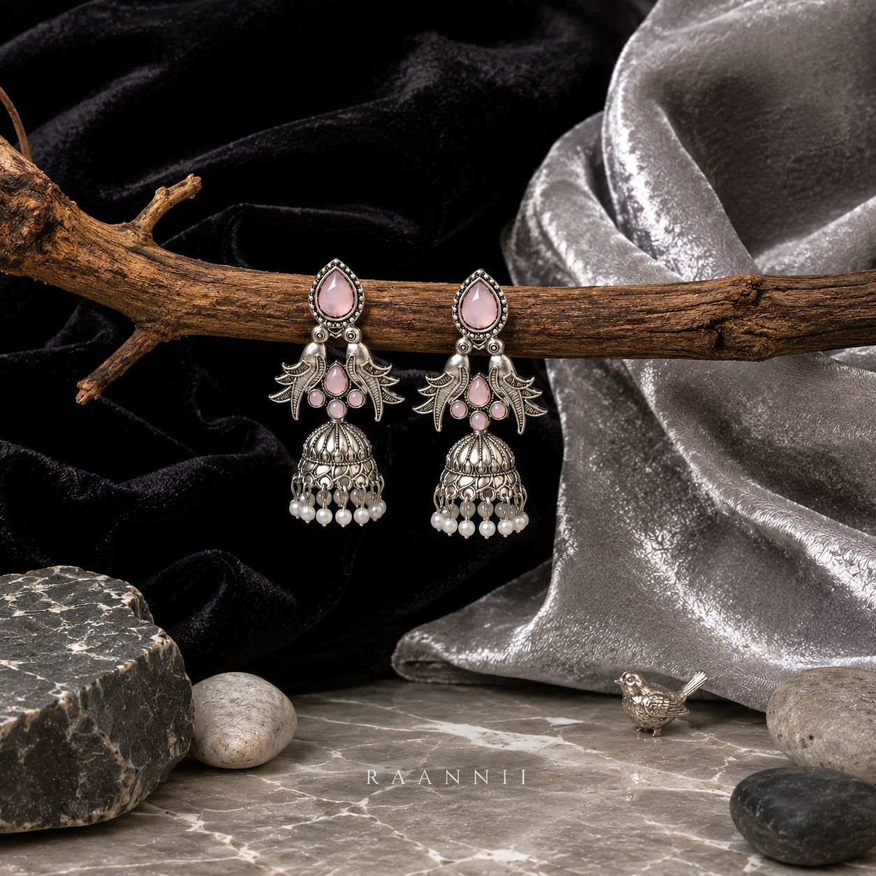 Raannii Earrings - Pink Stone Oxidised Bird Jhumka Earrings for Women