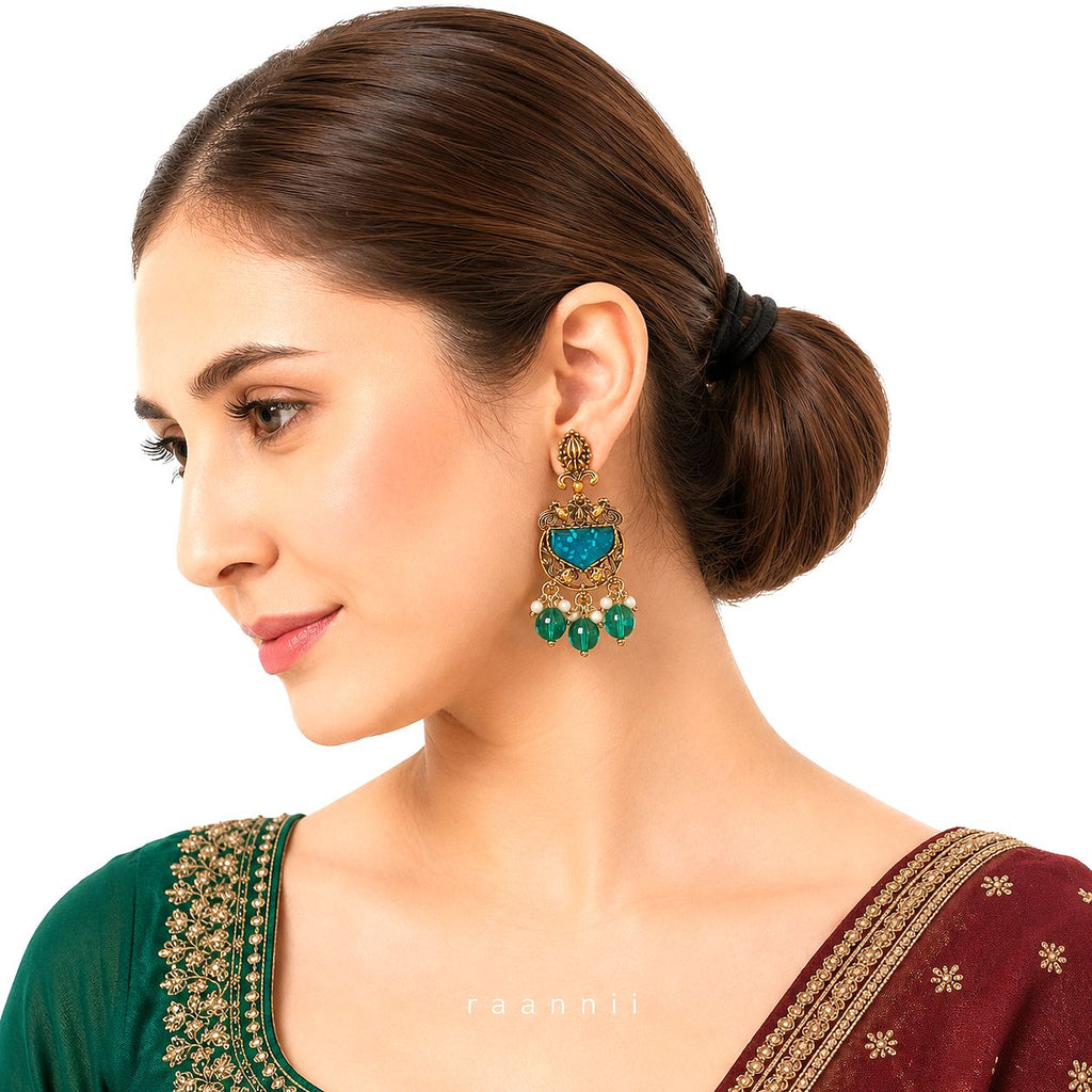 Raannii Earrings - Blue Stone Antique Pearl Drop Statement Earrings for Women
