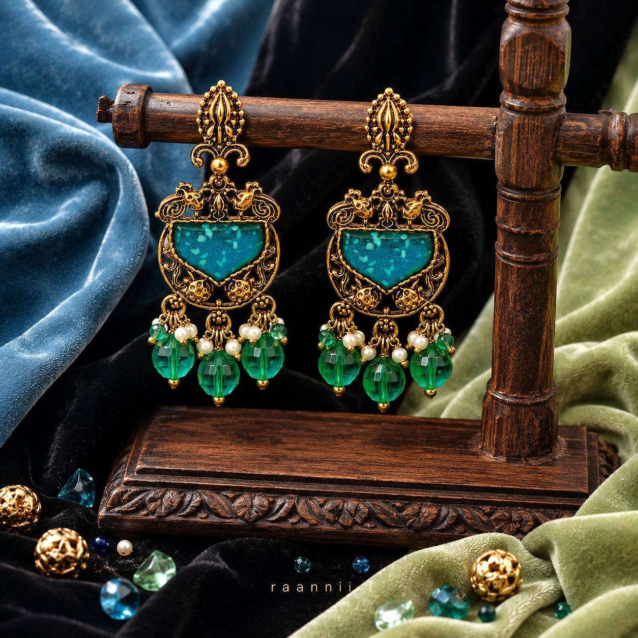 Raannii Earrings - Blue Stone Antique Pearl Drop Statement Earrings for Women