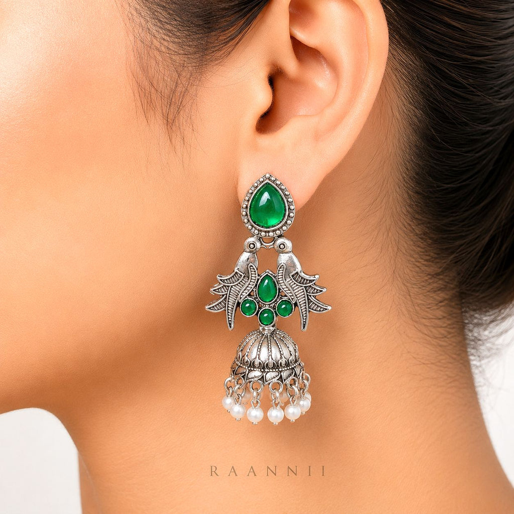 Raannii Earrings - Green Stone Oxidised Bird Jhumka Earrings for Women