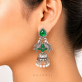 Raannii Earrings - Green Stone Oxidised Bird Jhumka Earrings for Women