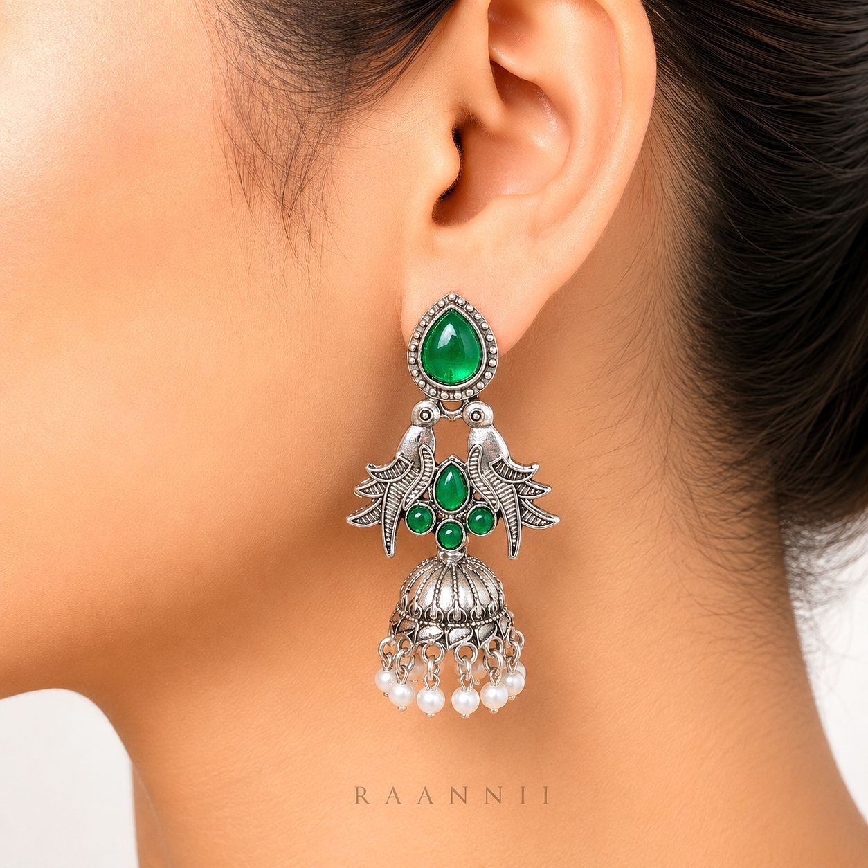 Raannii Earrings - Green Stone Oxidised Bird Jhumka Earrings for Women