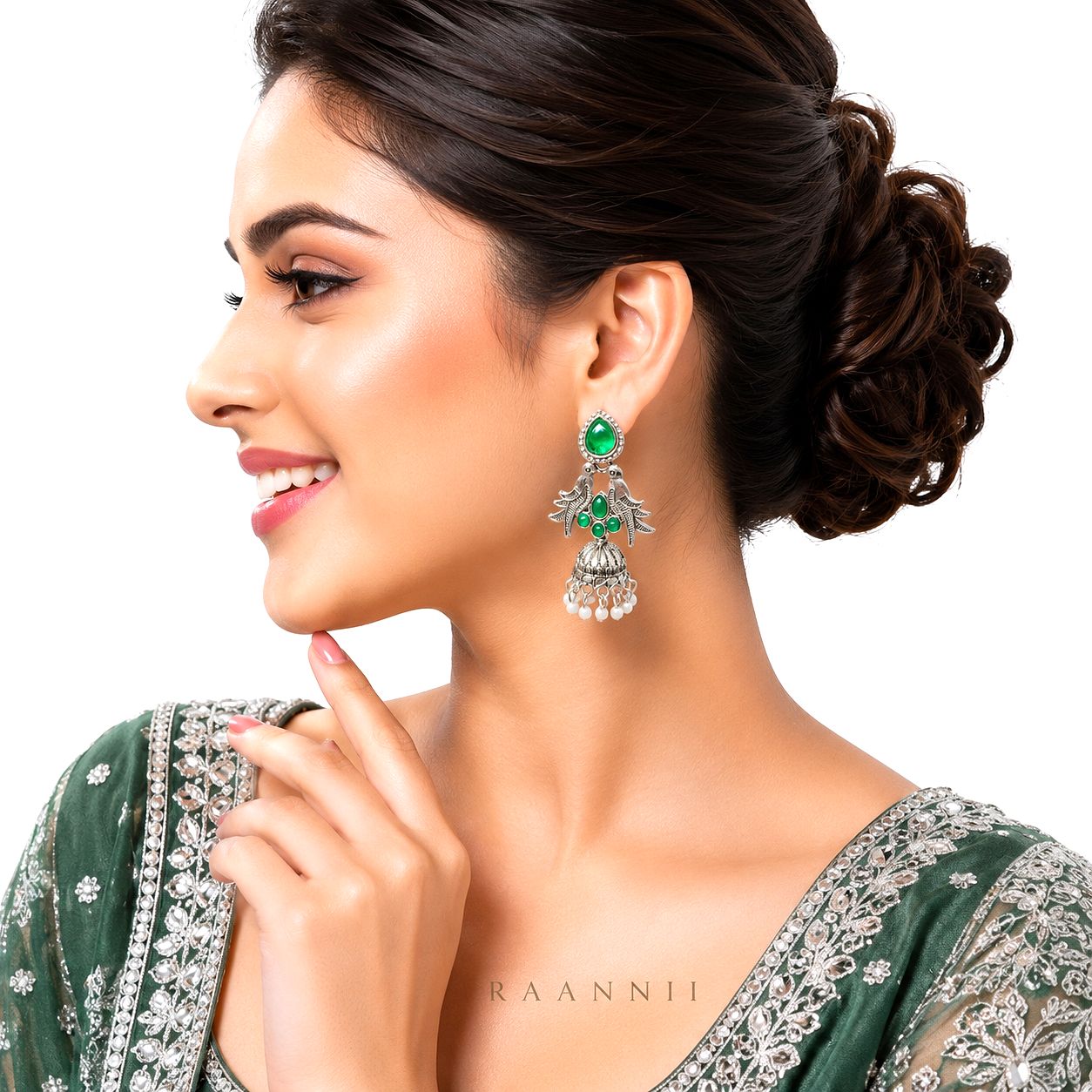 Raannii Earrings - Green Stone Oxidised Bird Jhumka Earrings for Women