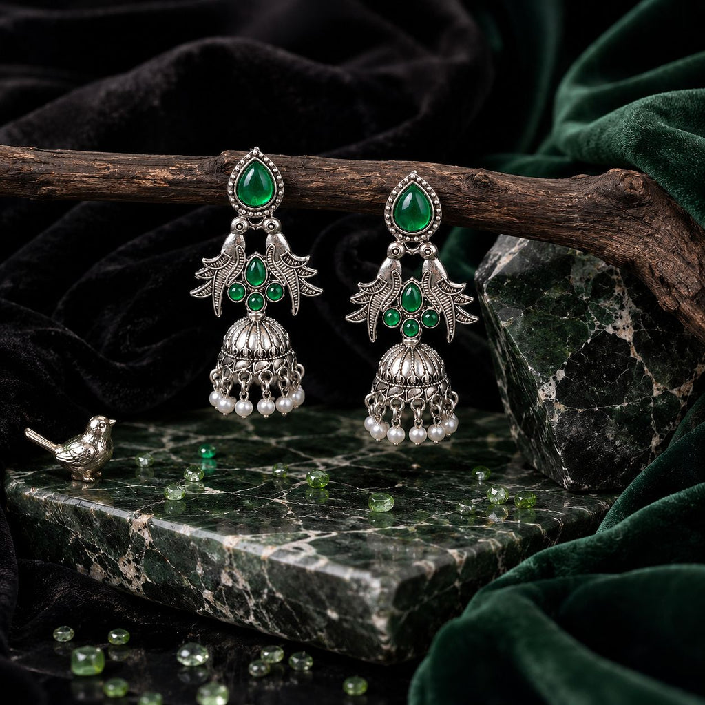 Raannii Earrings - Green Stone Oxidised Bird Jhumka Earrings for Women