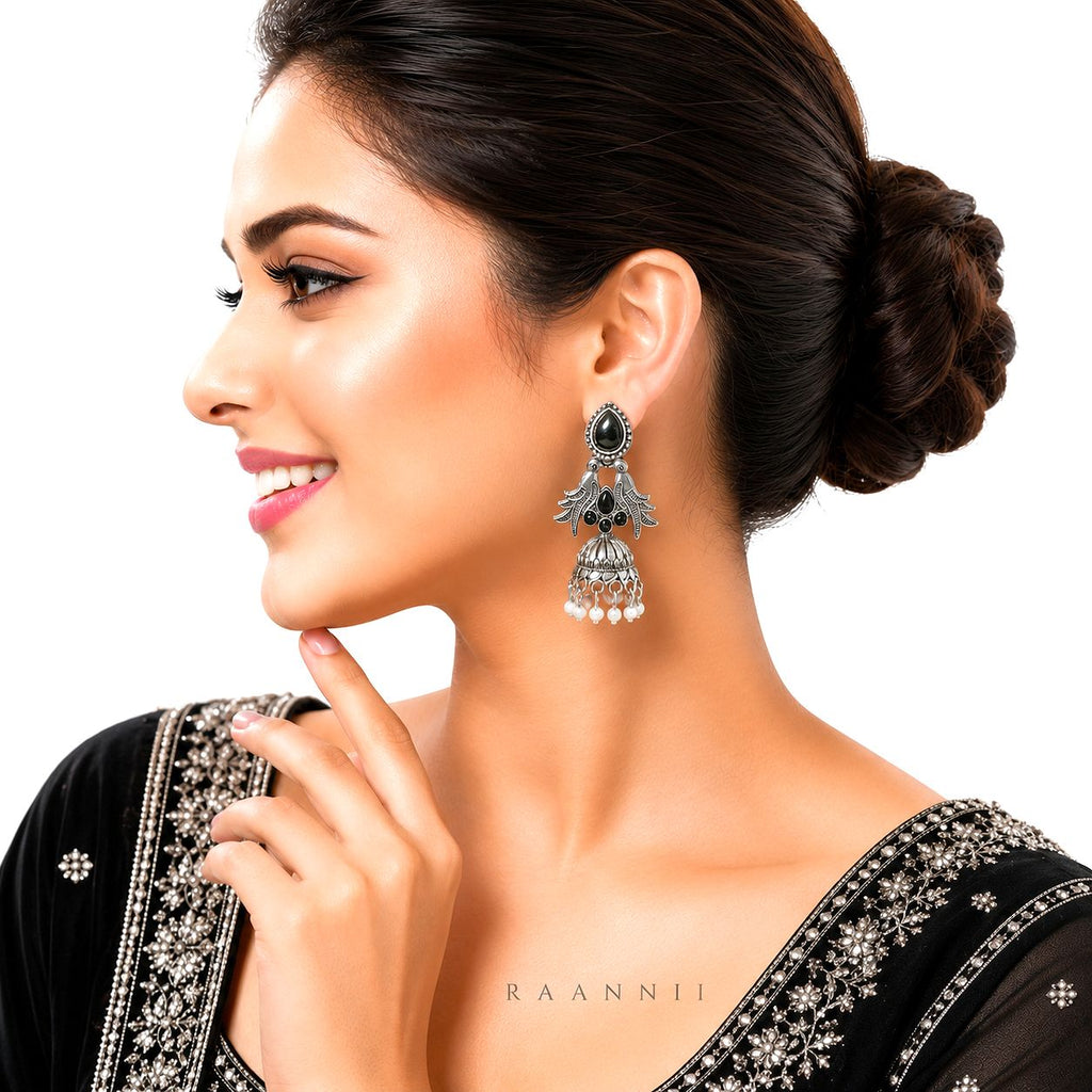 Raannii Earrings - Black Stone Oxidised Bird Jhumka Earrings for Women