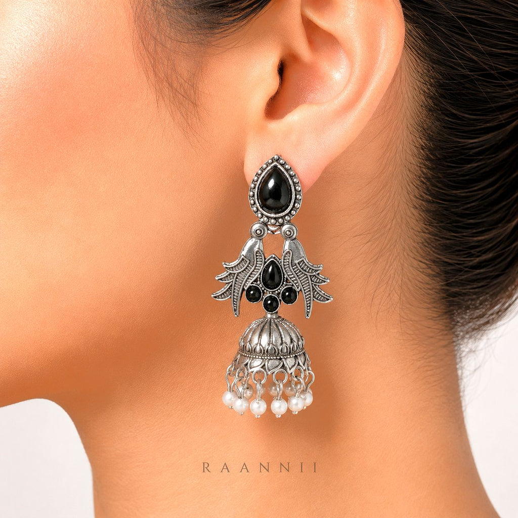 Raannii Earrings - Black Stone Oxidised Bird Jhumka Earrings for Women