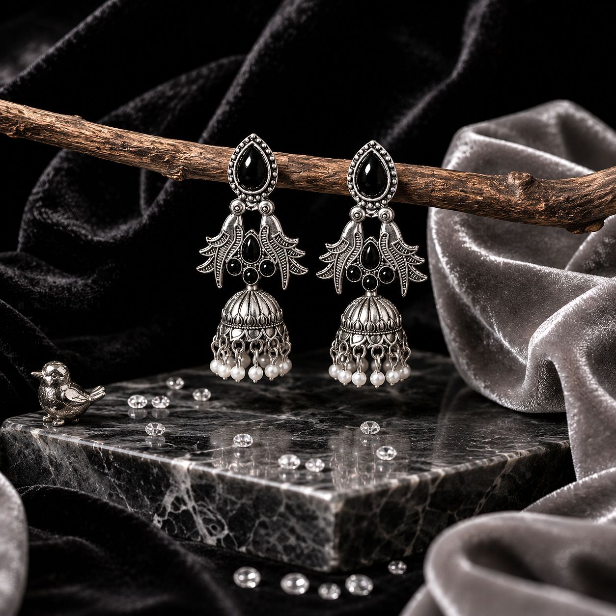 Raannii Earrings - Black Stone Oxidised Bird Jhumka Earrings for Women