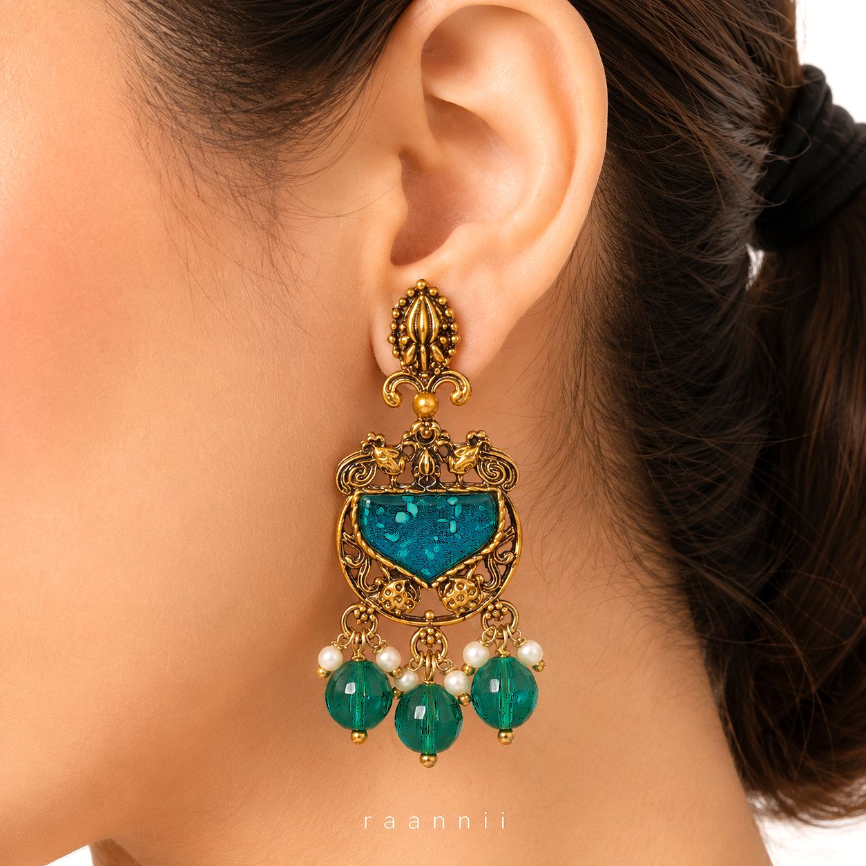 Raannii Earrings - Blue Stone Antique Pearl Drop Statement Earrings for Women
