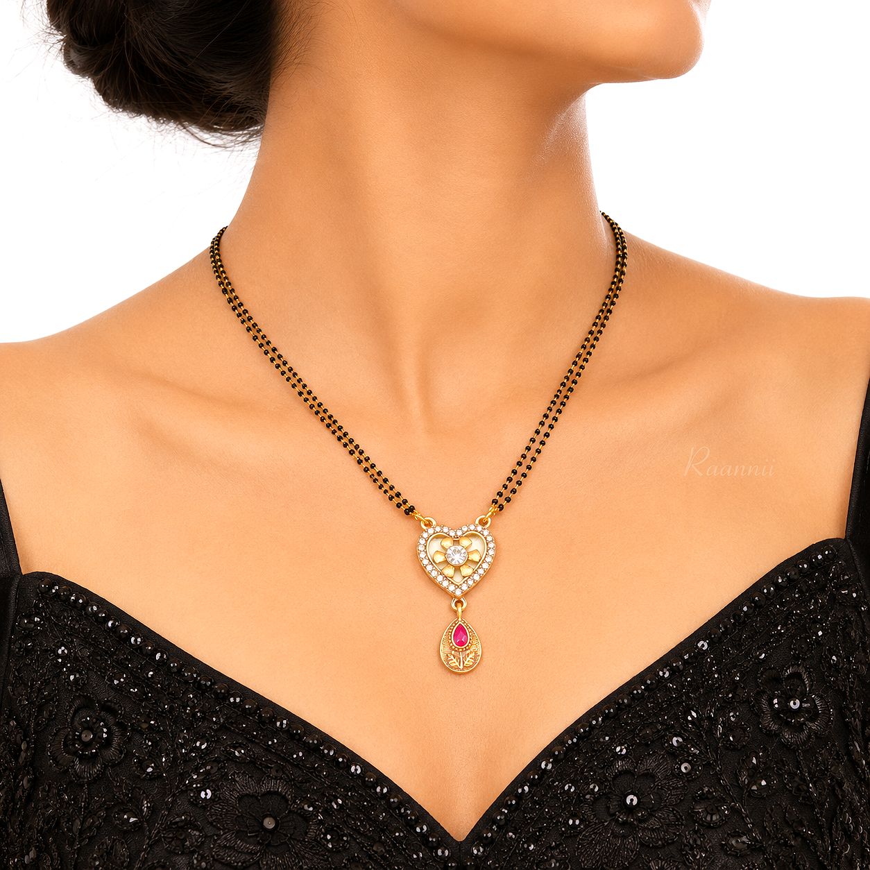 Raannii Premium Heart Floral Mangalsutra with Ruby Drop