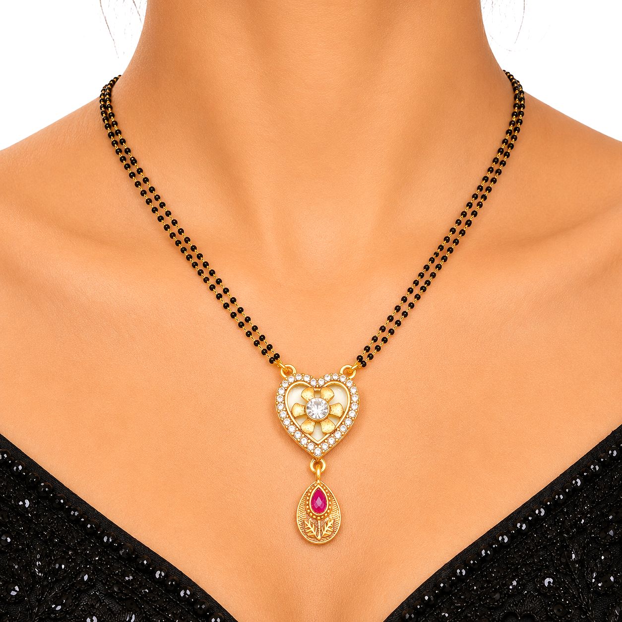 Raannii Premium Heart Floral Mangalsutra with Ruby Drop