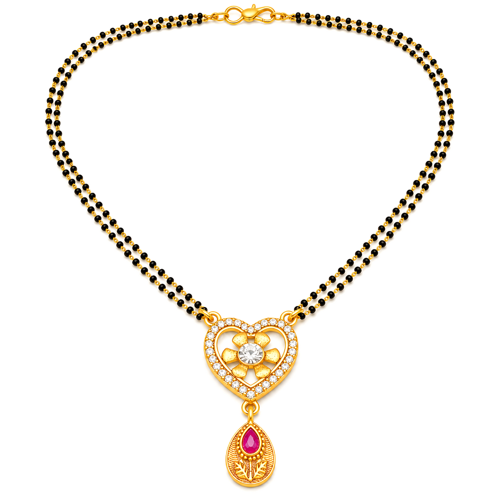 Raannii Premium Heart Floral Mangalsutra with Ruby Drop