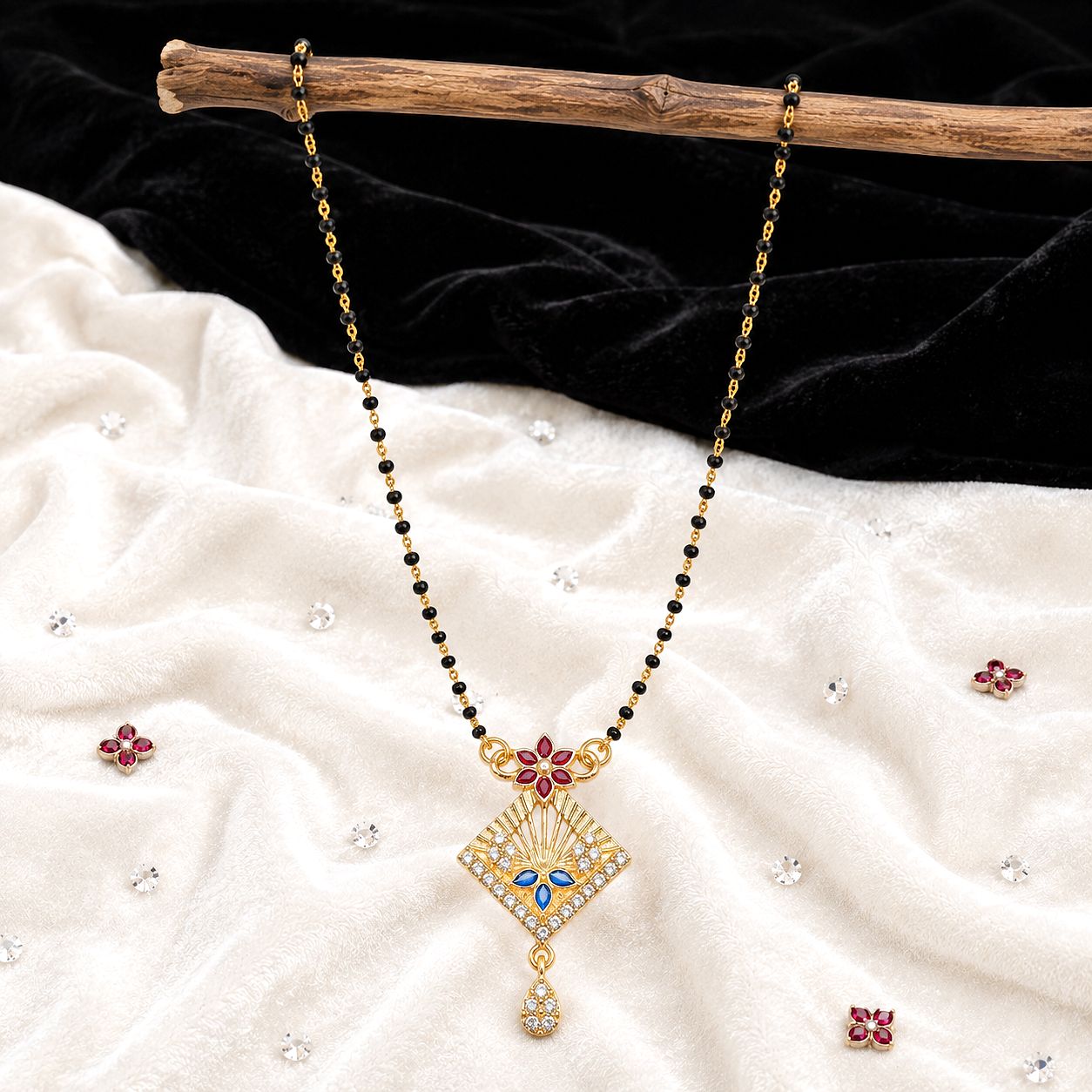 Raannii Royal Diamond Floral Mangalsutra with Drop Pendant
