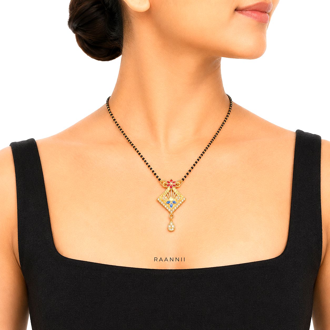 Raannii Royal Diamond Floral Mangalsutra with Drop Pendant