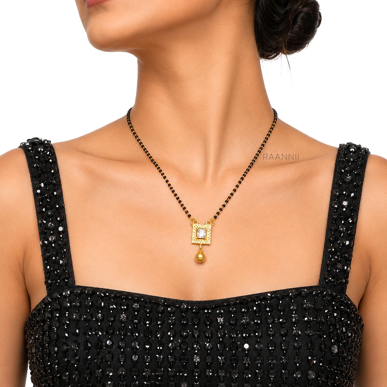 Raannii Elegant Square Pendant Mangalsutra with Pearl Drop