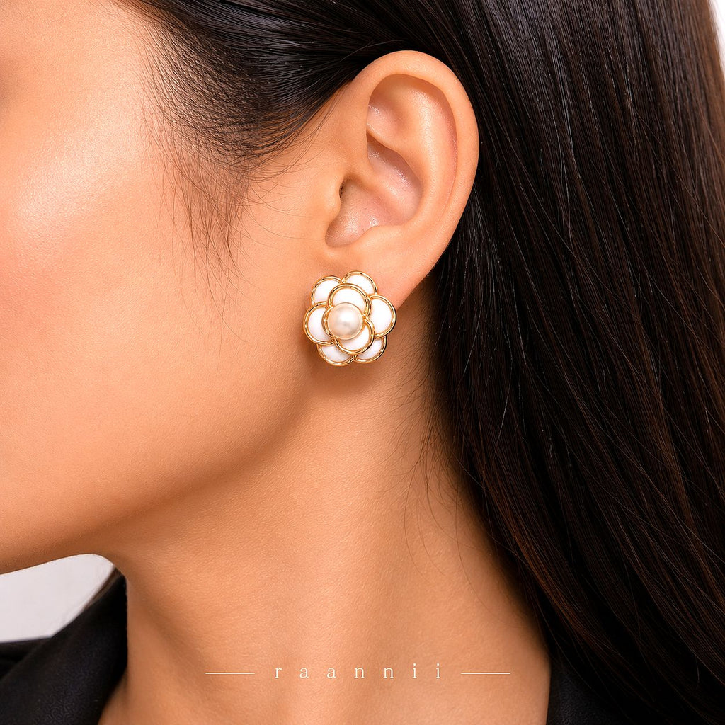 Raannii Earrings - White Floral Pearl Stud Earrings for Women