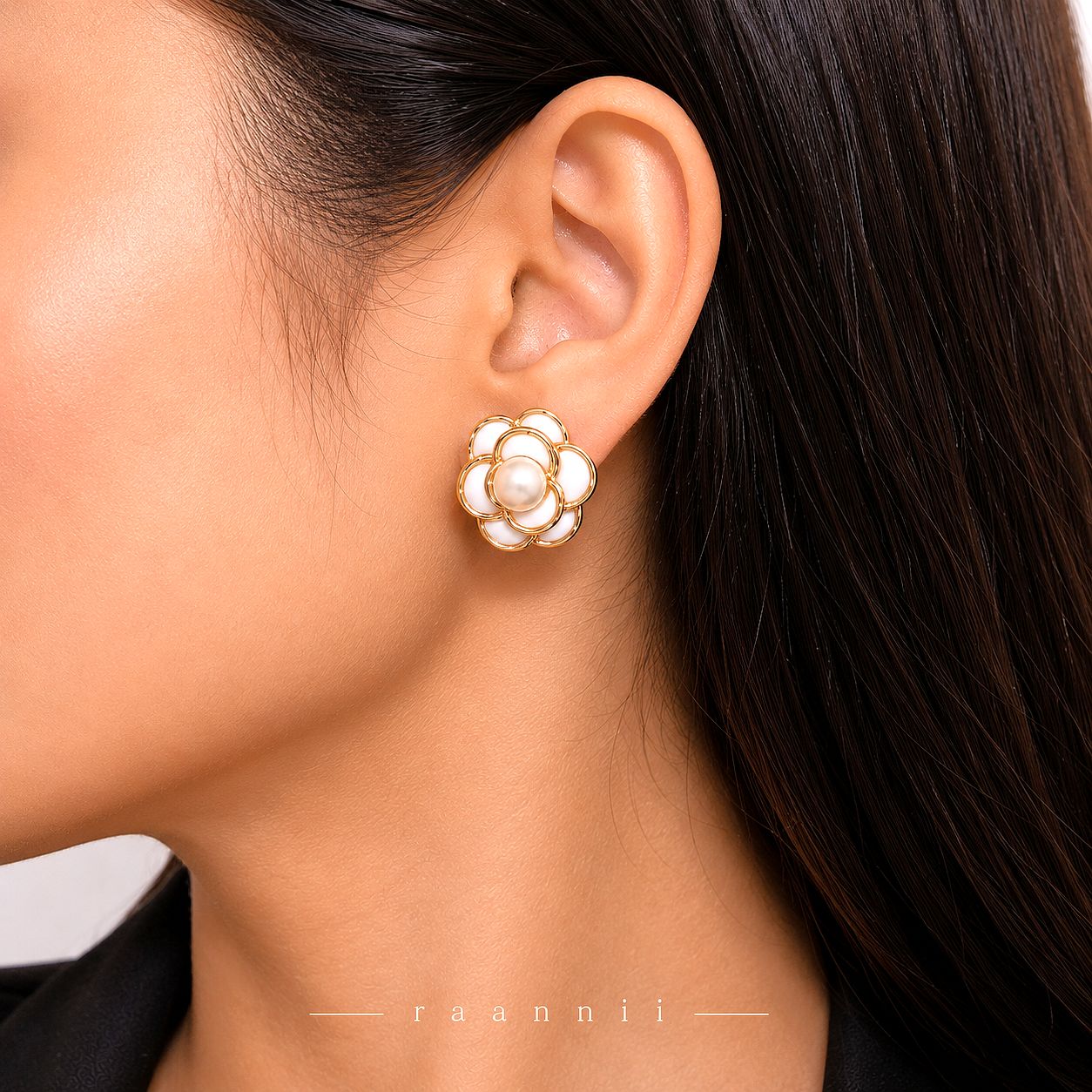 Raannii Earrings - White Floral Pearl Stud Earrings for Women