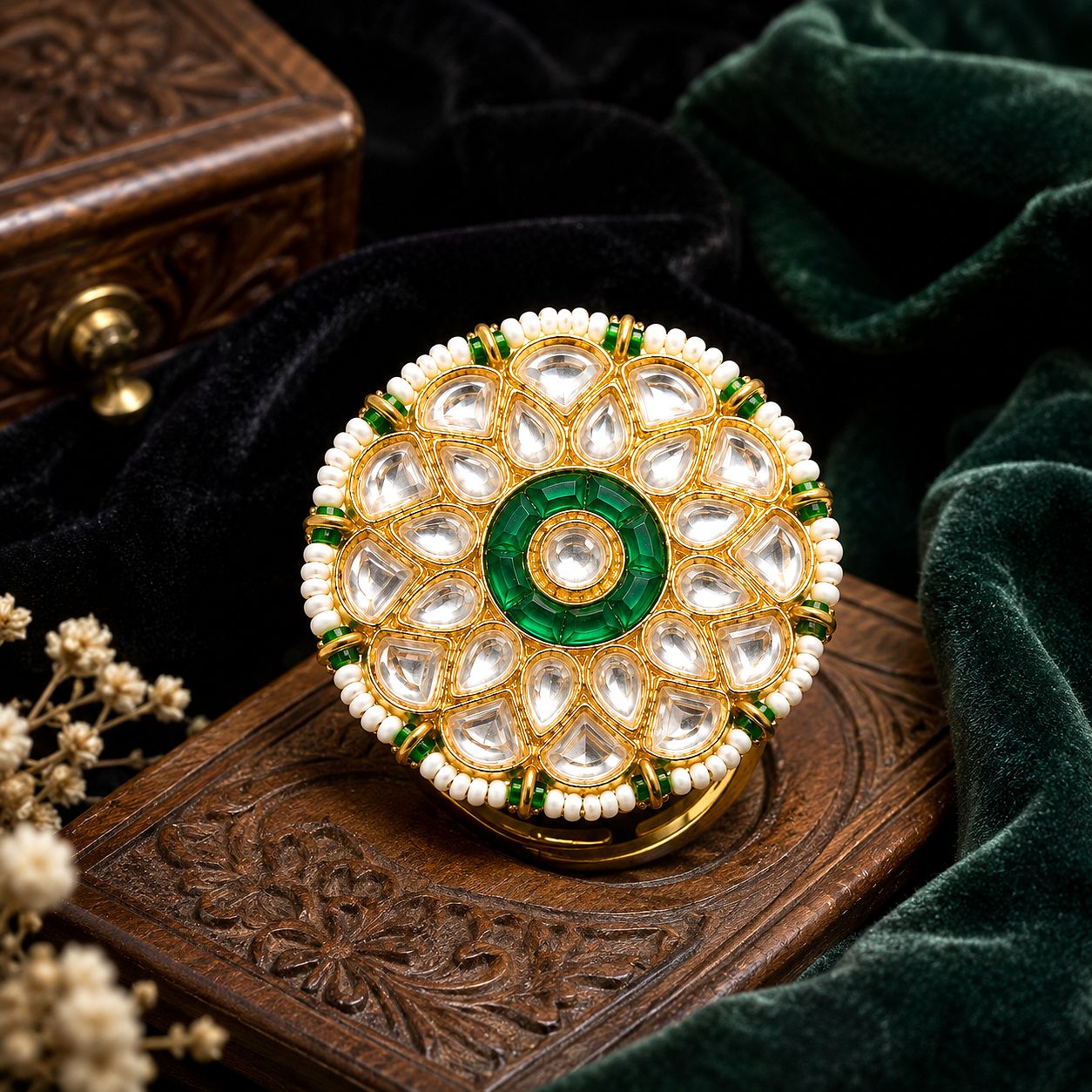 Raannii Royal Kundan Green Stone Statement Ring