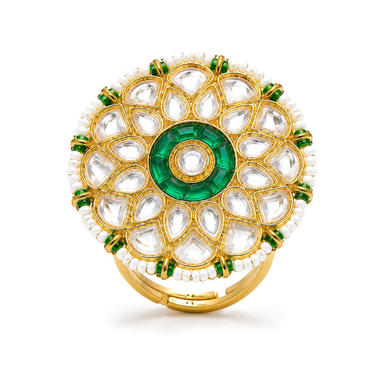 Raannii Royal Kundan Green Stone Statement Ring